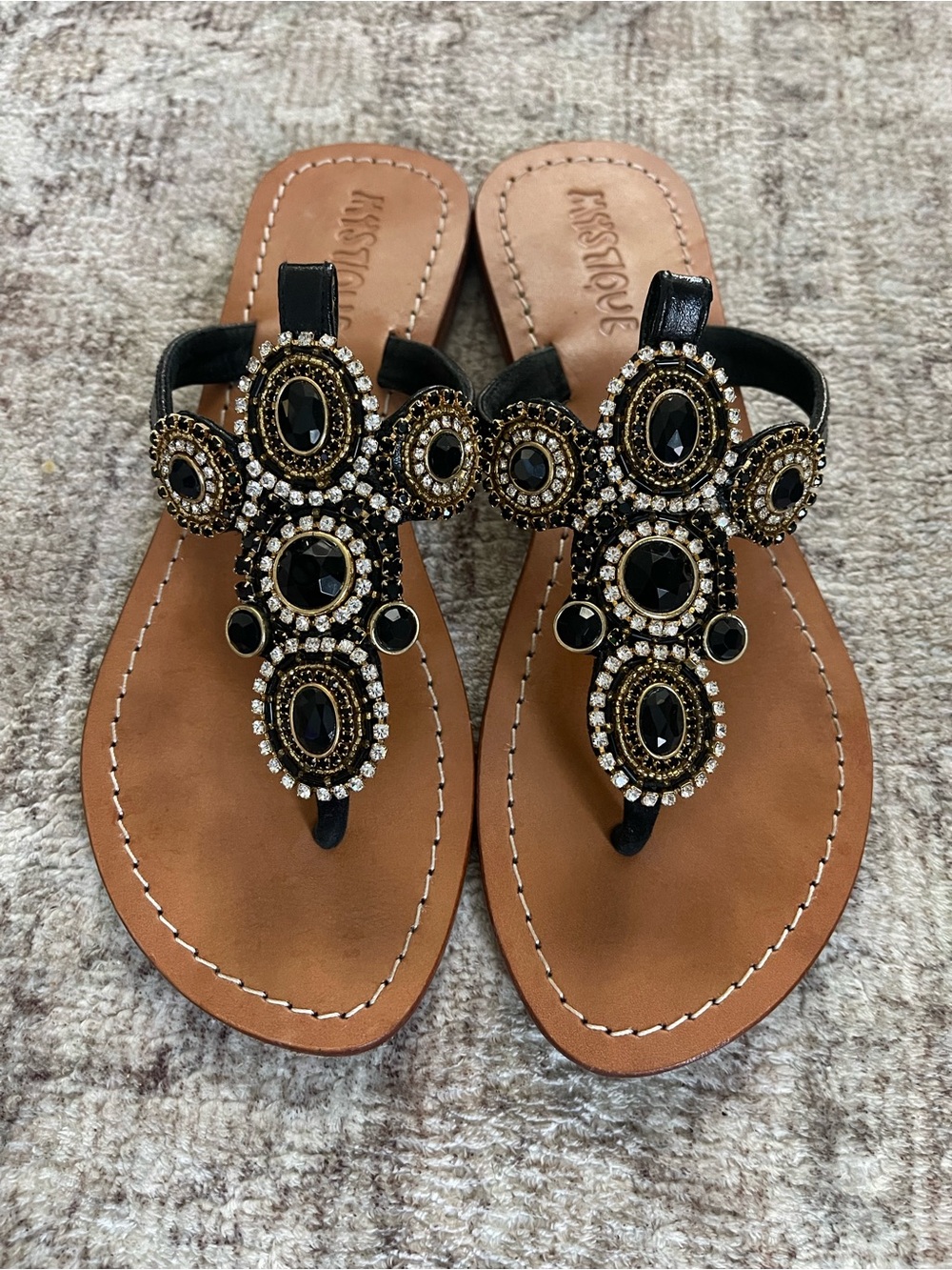 Mystique Jeweled Flat Leather Thong Sandals Boho